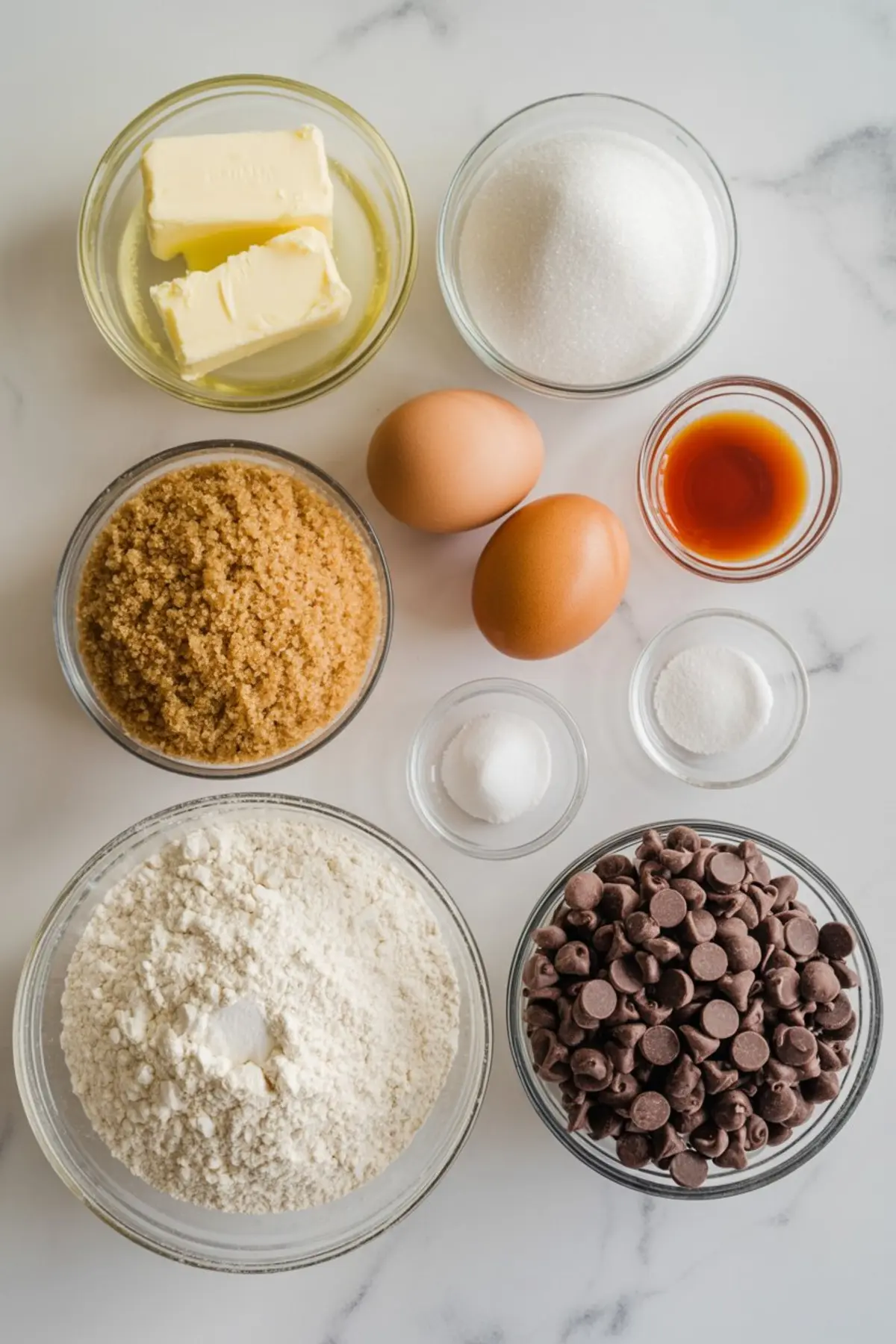 Flat lay of cookie ingredients including softened butter, white sugar, brown sugar, eggs, vanilla extract, salt, baking powder, flour, and semi-sweet chocolate chips arranged in glass bowls.