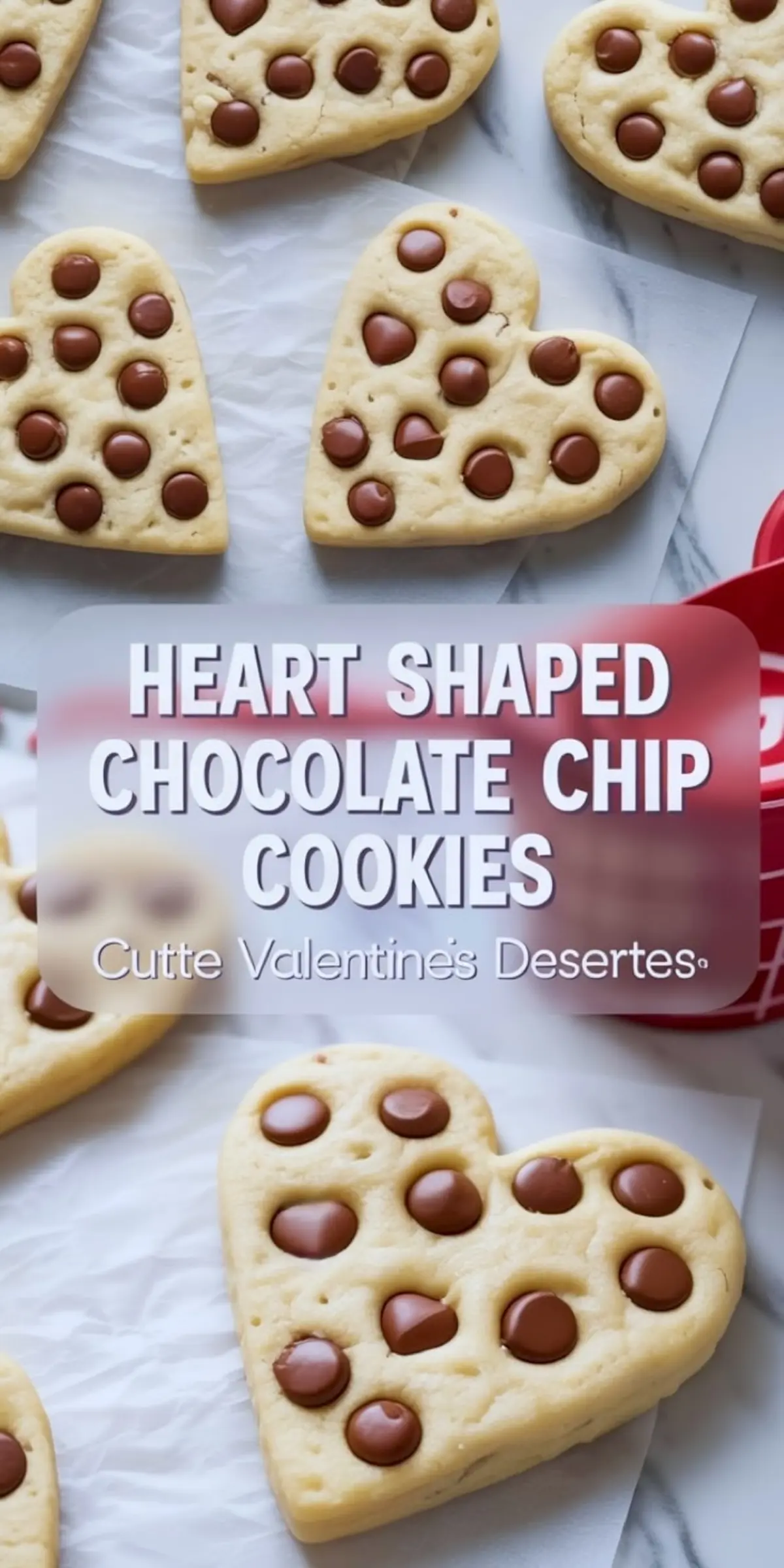 Heart-shaped chocolate chip cookies arranged on parchment with overlay text reading “Heart Shaped Chocolate Chip Cookies - Cutte Valentine’s Desertes,” featuring soft, golden cookies topped with melted chocolate chips.