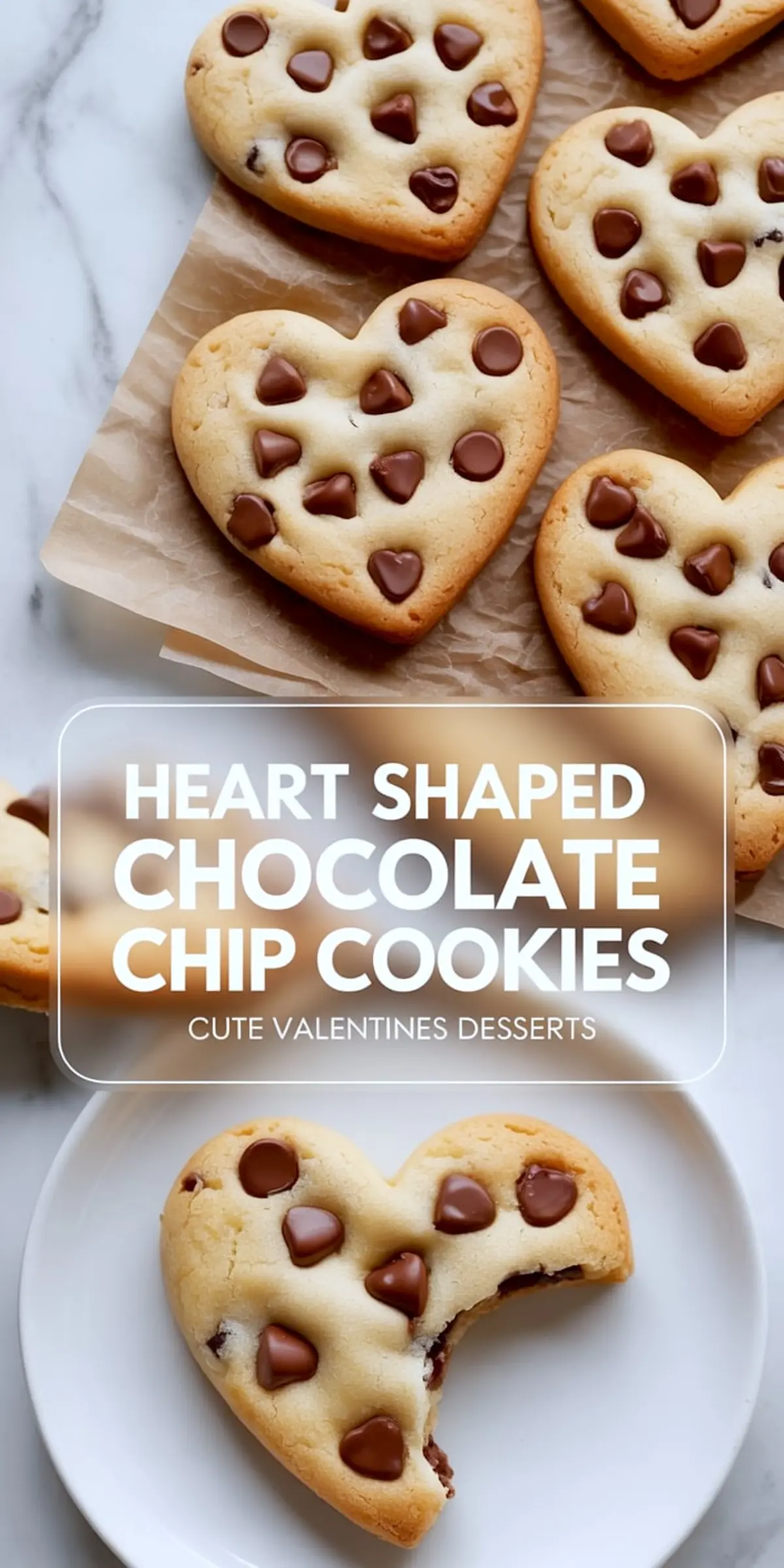 Golden-baked heart-shaped chocolate chip cookies arranged on parchment paper and a plate, with overlay text reading “Heart Shaped Chocolate Chip Cookies - Cute Valentines Desserts.”