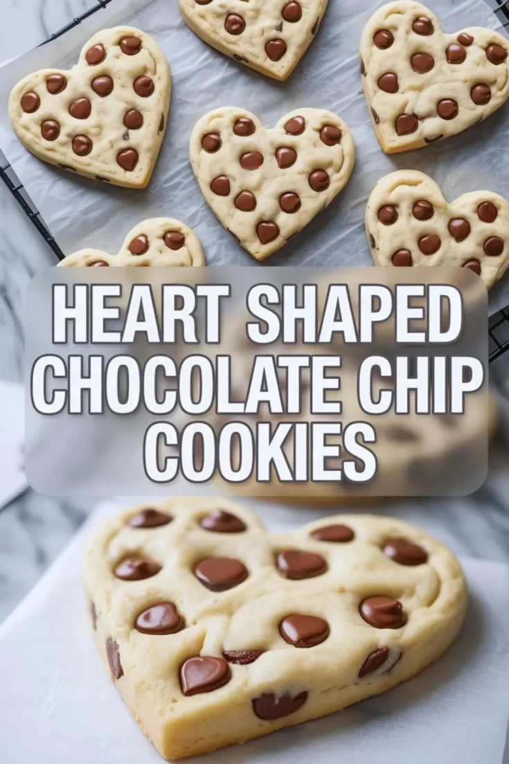 Heart-shaped chocolate chip cookies cooling on a wire rack with text overlay “Heart Shaped Chocolate Chip Cookies,” highlighting the soft texture and glossy chocolate chip topping.
