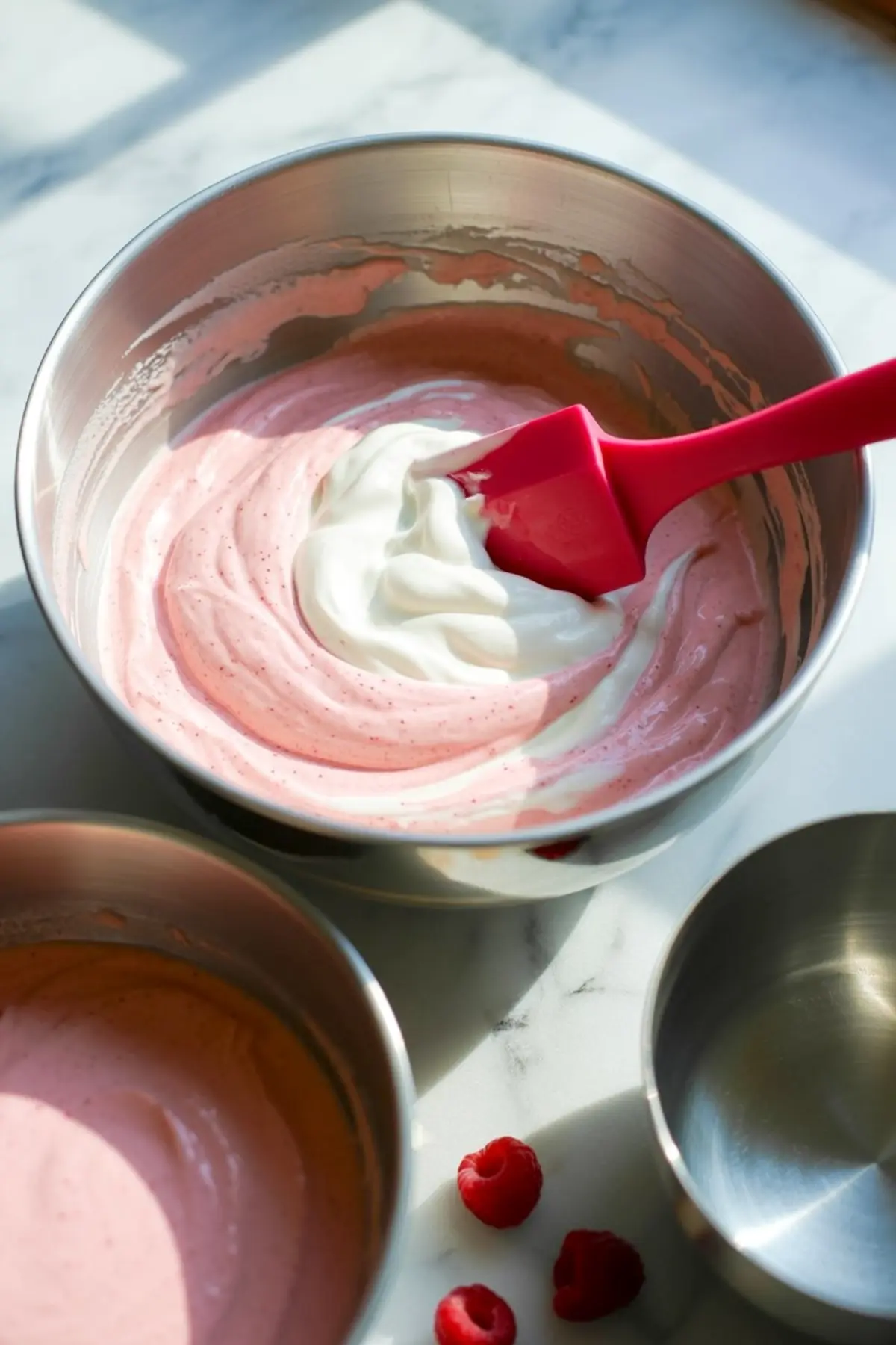 Whipped cream is being folded into pink raspberry mousse mixture inside a large mixing bowl with a red silicone spatula, with additional filled bowls and fresh raspberries nearby.
