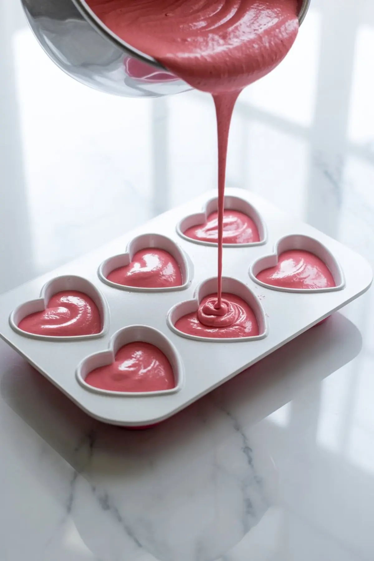 Pink raspberry mousse batter is being poured into a white silicone heart-shaped mold, filling each cavity evenly for a romantic dessert preparation.
