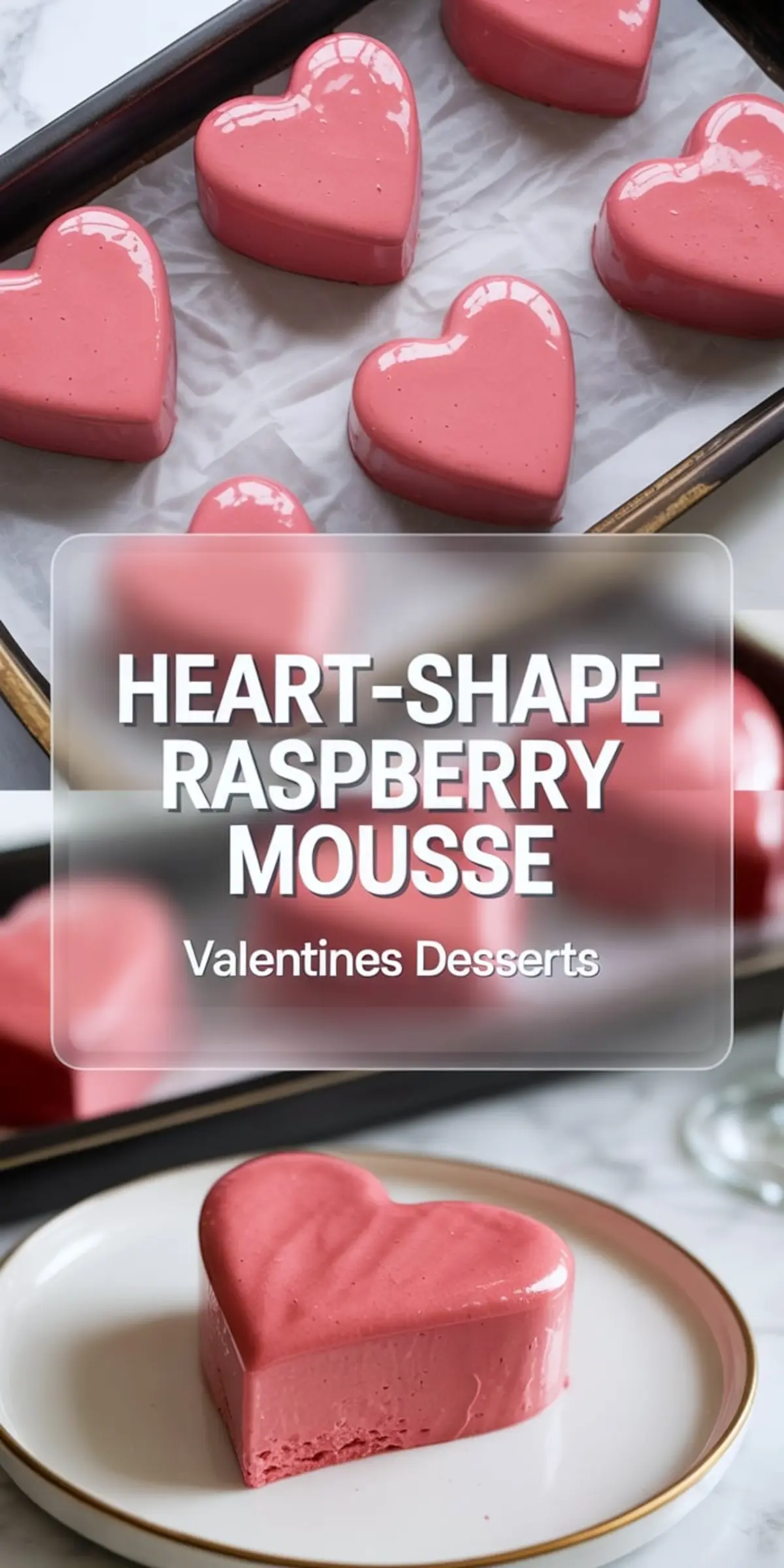 Collage showing glossy heart-shaped raspberry mousse desserts on parchment-lined tray and served on a plate, labeled with “Heart-Shape Raspberry Mousse Valentines Desserts.”
