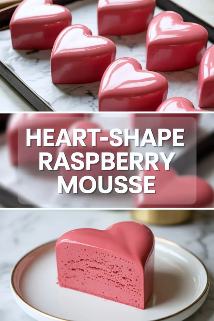 Heart-shaped raspberry mousse collage showing glossy pink mousse hearts on a tray and a single plated heart dessert, featuring smooth texture and soft shine with heart-shape raspberry mousse Valentines desserts text overlay.