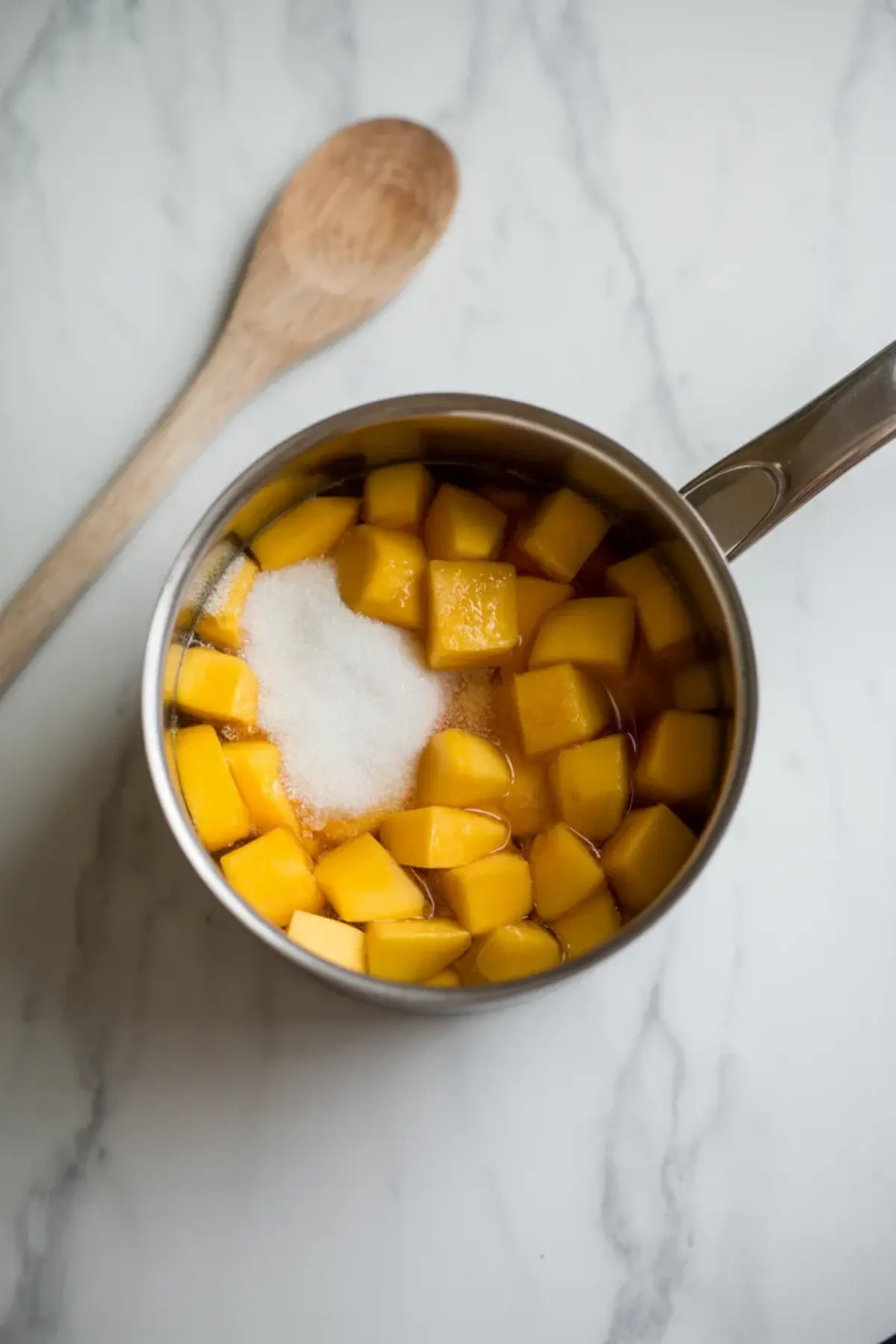 Cubed fresh mango simmers with sugar syrup in a stainless steel saucepan on a white marble surface, showing mango filling preparation for homemade mango mochi.