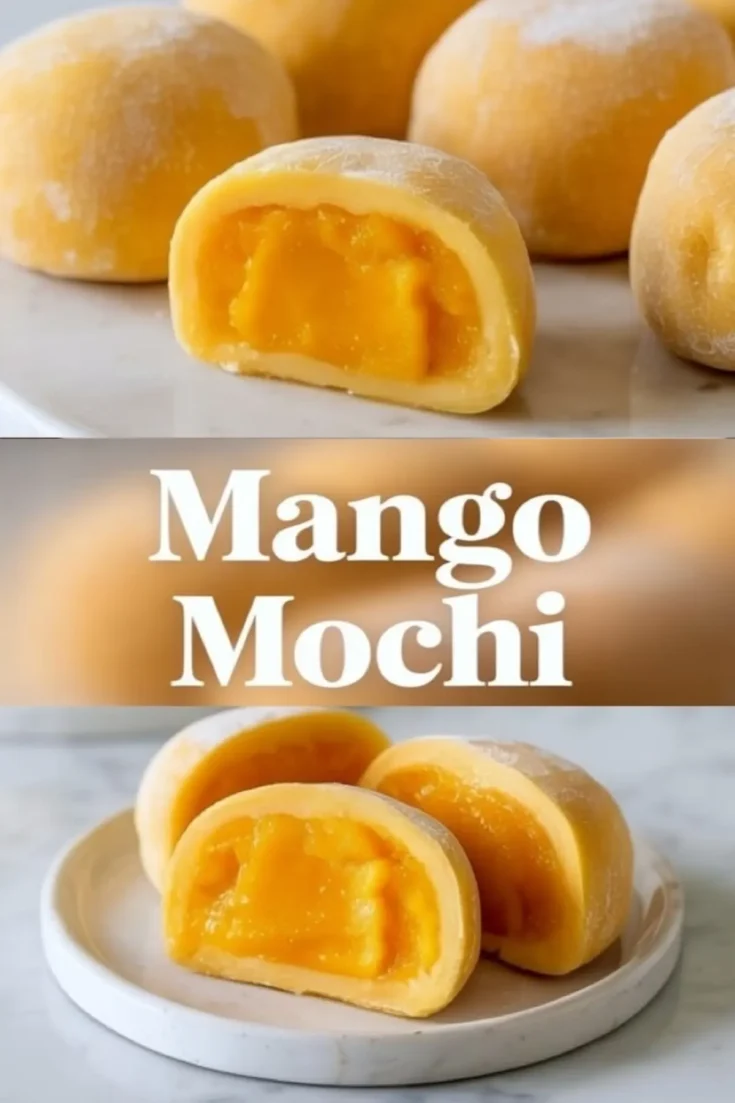 Round mochi wrapper holds a ball of mango filling at the center on a marble surface, showing mango mochi assembly before sealing.