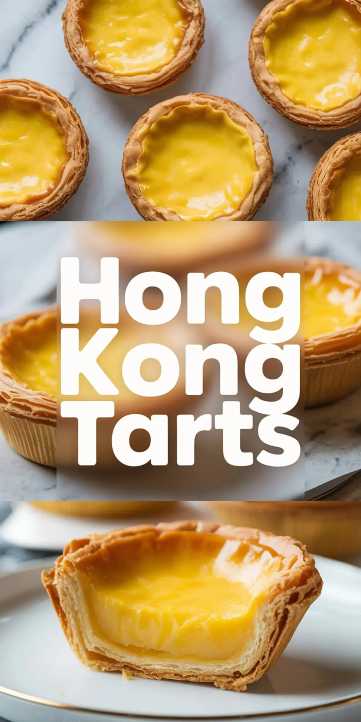 Flaky Hong Kong egg tarts on a marble surface with bright yellow custard filling, paired with a close-up of a sliced tart highlighting the rich texture of the baked egg custard and layered crust.
