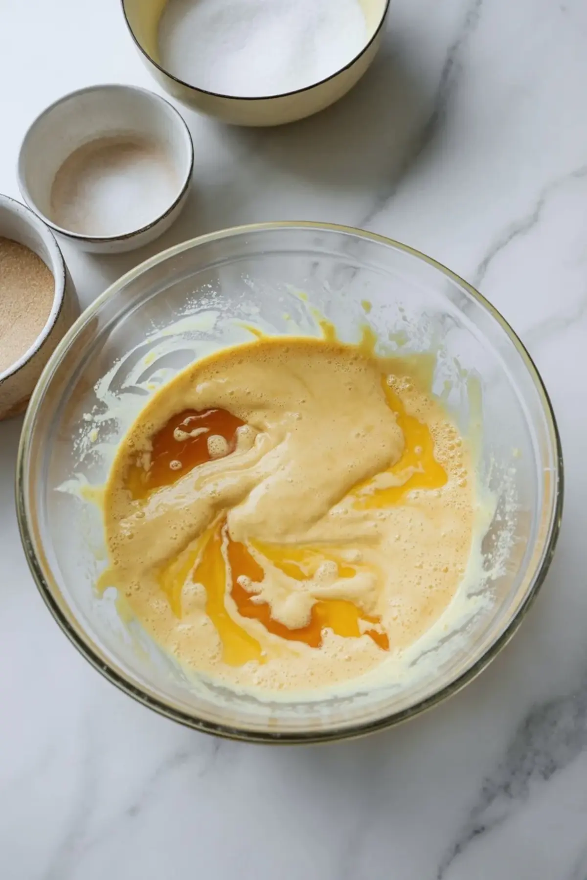 Bowl of egg mixture in the process of being whisked, surrounded by ingredients including sugar and flour on a marble countertop.
