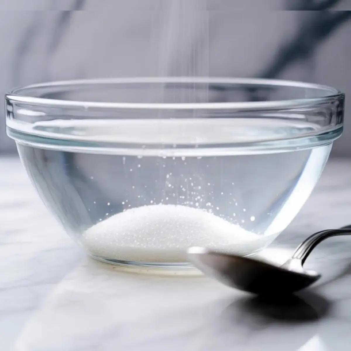 Granulated sugar being poured into a clear glass bowl on a white marble surface, with a metal spoon placed nearby.

