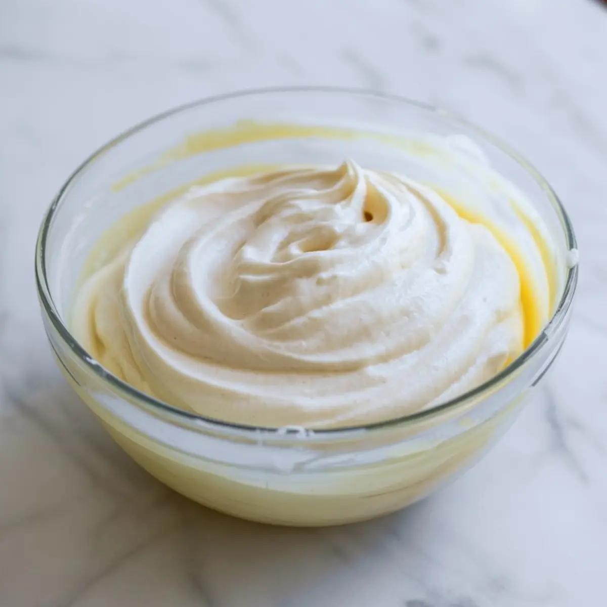 Light and airy whipped egg and sugar mixture in a glass bowl, prepared as part of a cupcake batter on a marble surface.
