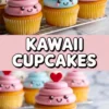 Collage featuring kawaii cupcakes with colorful swirled frosting and happy faces, presented on a cooling rack and plate, highlighted by bold “Kawaii Cupcakes” text in the center on a pink background for a playful birthday dessert theme.