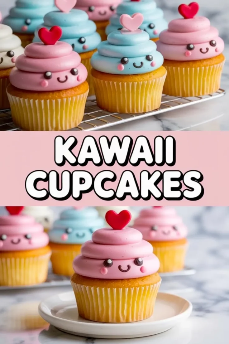 Collage featuring kawaii cupcakes with colorful swirled frosting and happy faces, presented on a cooling rack and plate, highlighted by bold “Kawaii Cupcakes” text in the center on a pink background for a playful birthday dessert theme.