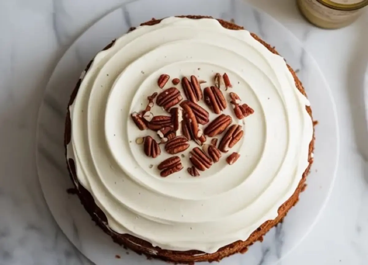 Creamy, whipped keto cream cheese frosting swirled in a clear bowl, with a spatula standing inside the smooth, airy mixture on a white marble background.
