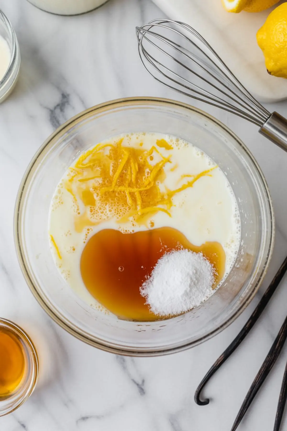 Glass mixing bowl filled with milk, lemon zest, vanilla extract, and a mound of white salt, placed next to a whisk and fresh lemons, capturing the initial step of preparing lemon chia seed pudding.
