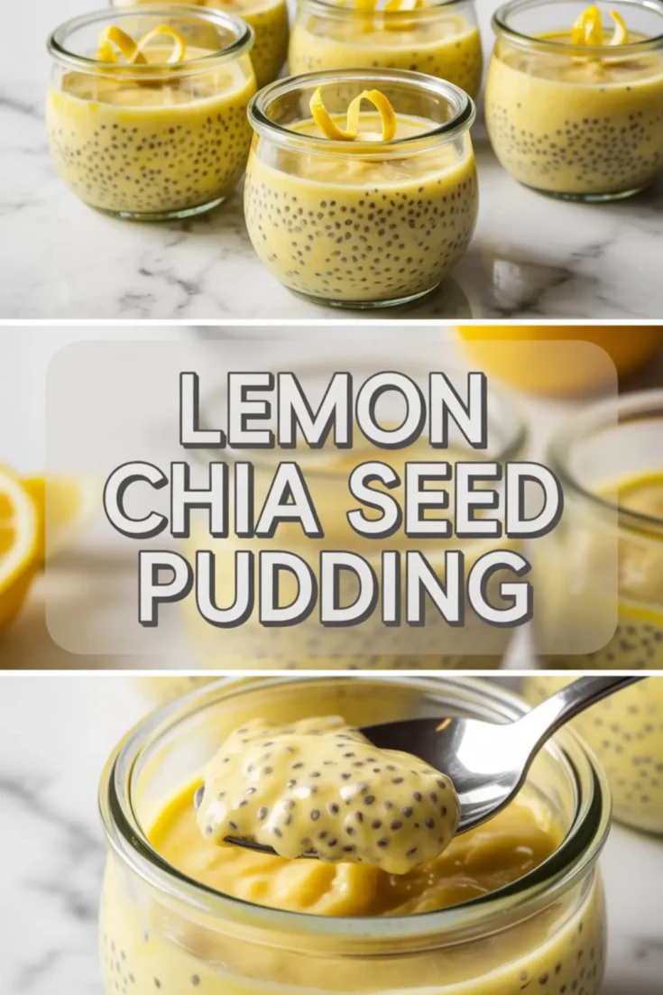 Lemon chia seed pudding is presented in glass jars and garnished with lemon curls. The bottom frame captures a spoonful of the smooth, yellow pudding being lifted, showing the thick texture and evenly distributed chia seeds.