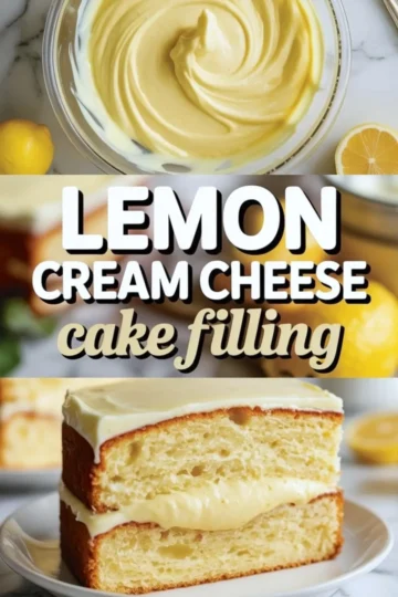 A swirl of glossy lemon cream cheese cake filling in a glass bowl is shown with fresh lemons and a whisk, followed by a thick lemon-filled cake slice on a white plate. The bright yellow tones and creamy texture make this collage a standout for lemon dessert recipes and summer baking inspiration.