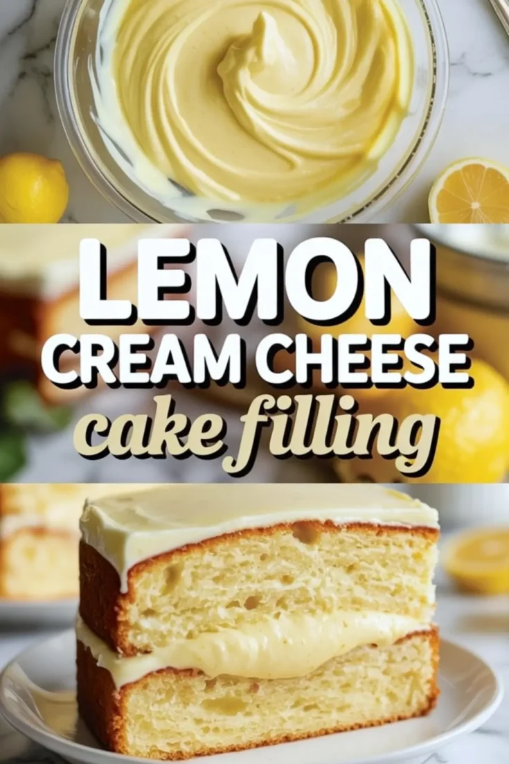 A swirl of glossy lemon cream cheese cake filling in a glass bowl is shown with fresh lemons and a whisk, followed by a thick lemon-filled cake slice on a white plate. The bright yellow tones and creamy texture make this collage a standout for lemon dessert recipes and summer baking inspiration.