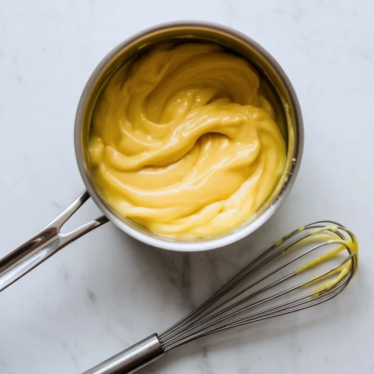 A saucepan filled with glossy, thick lemon cream cheese filling sits on a marble surface with a whisk nearby, showcasing the silky texture and rich yellow color ideal for cake layers or dessert tarts.
