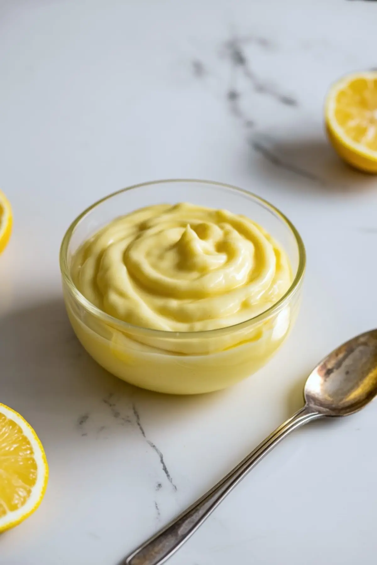 Glass bowl filled with thick, swirled lemon cream on a white marble background, surrounded by lemon halves and a silver spoon.
