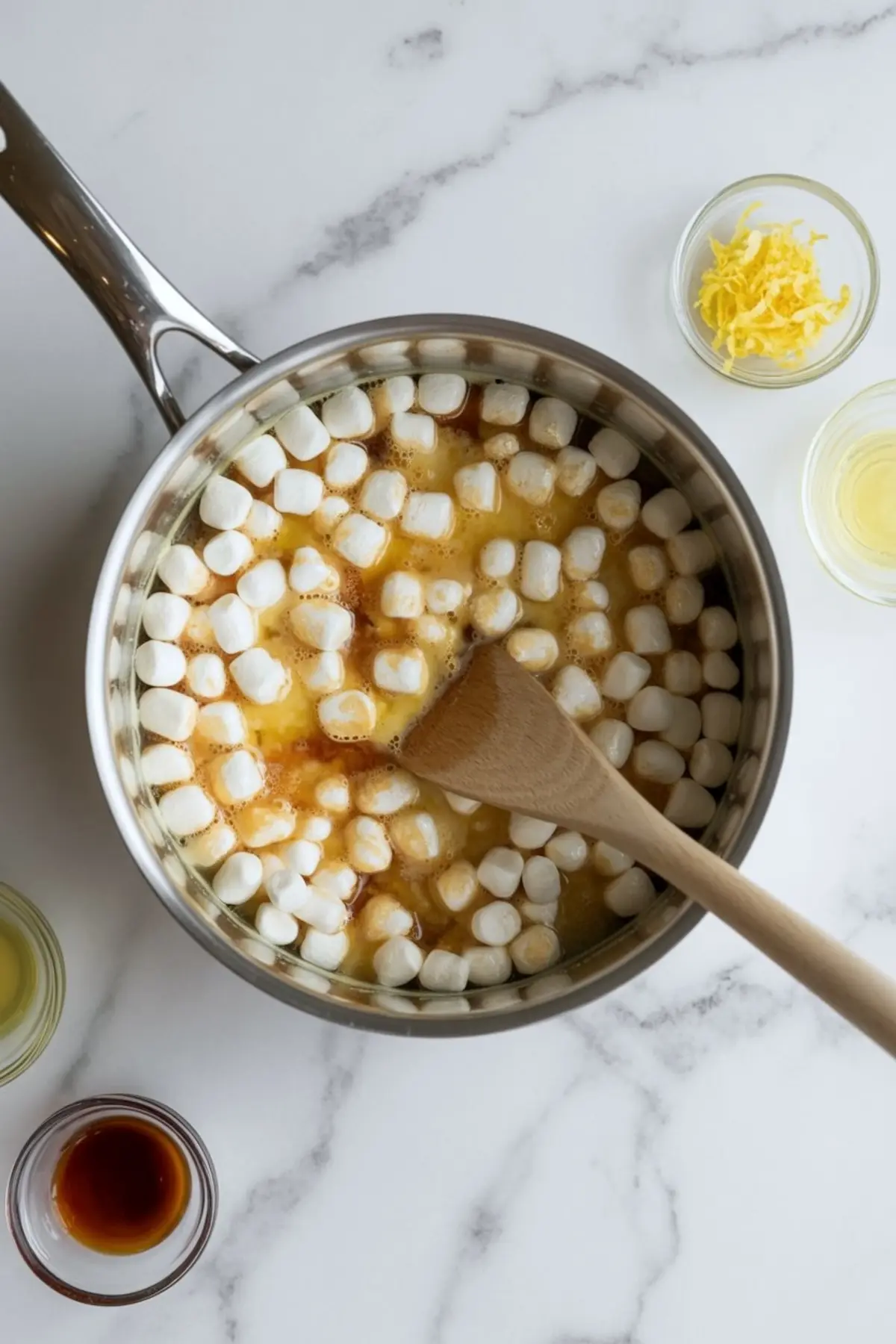Melted mini marshmallows and butter mixture in a saucepan with lemon zest and vanilla extract, stirred with a wooden spoon on a white countertop.
