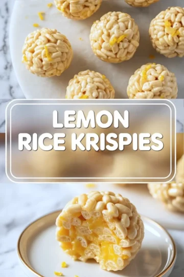 Top image shows round lemon Rice Krispie balls arranged on a white plate with a sprinkle of zest; bottom image reveals a close-up of one ball bitten open to display a gooey lemon center. Bold text overlay in center reads “LEMON RICE KRISPIES.”