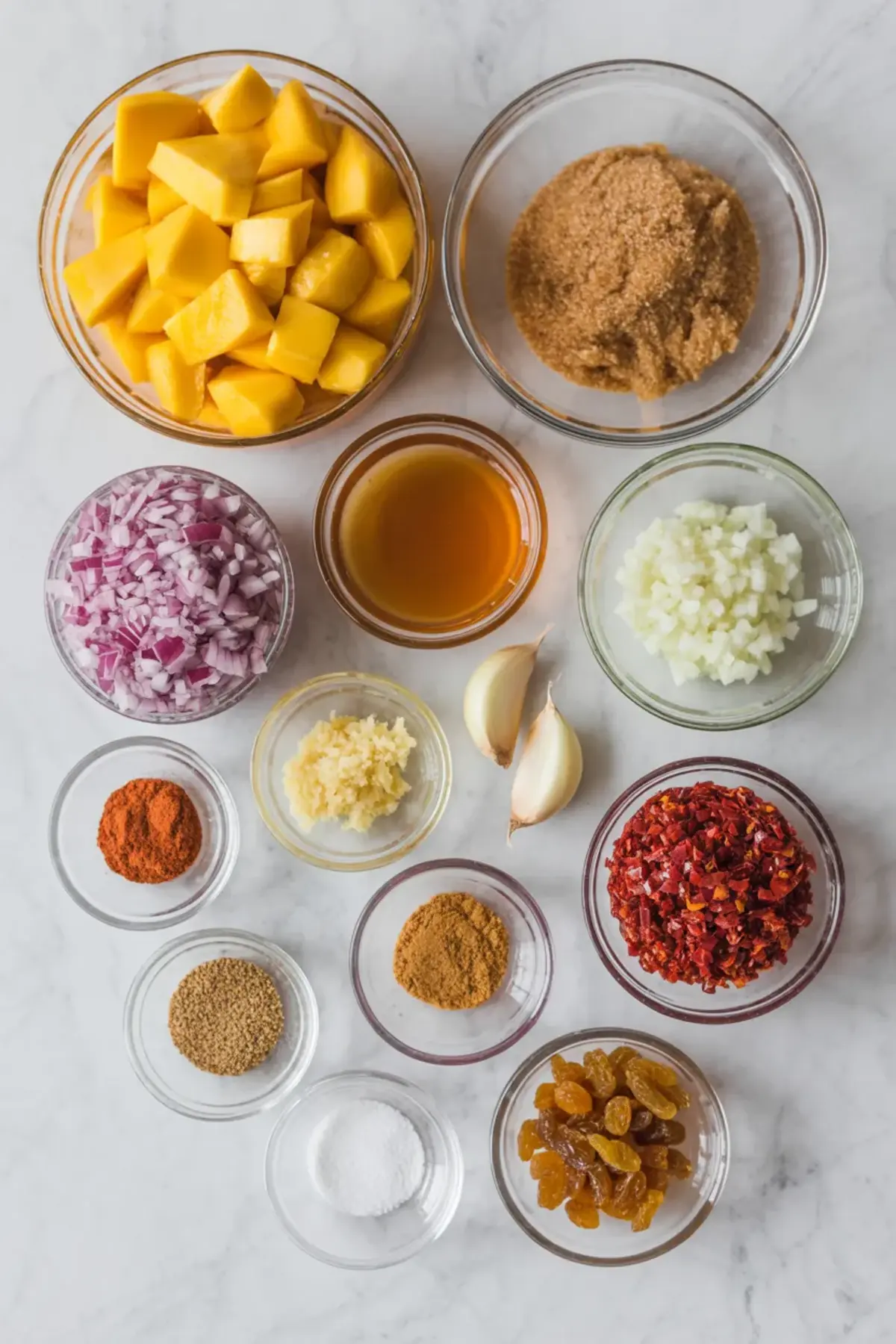 Flat lay of individual glass bowls with diced mango, brown sugar, chopped onions, minced garlic, fresh ginger, white vinegar, red chili flakes, raisins, salt, ground spices, and paprika for mango chutney preparation.