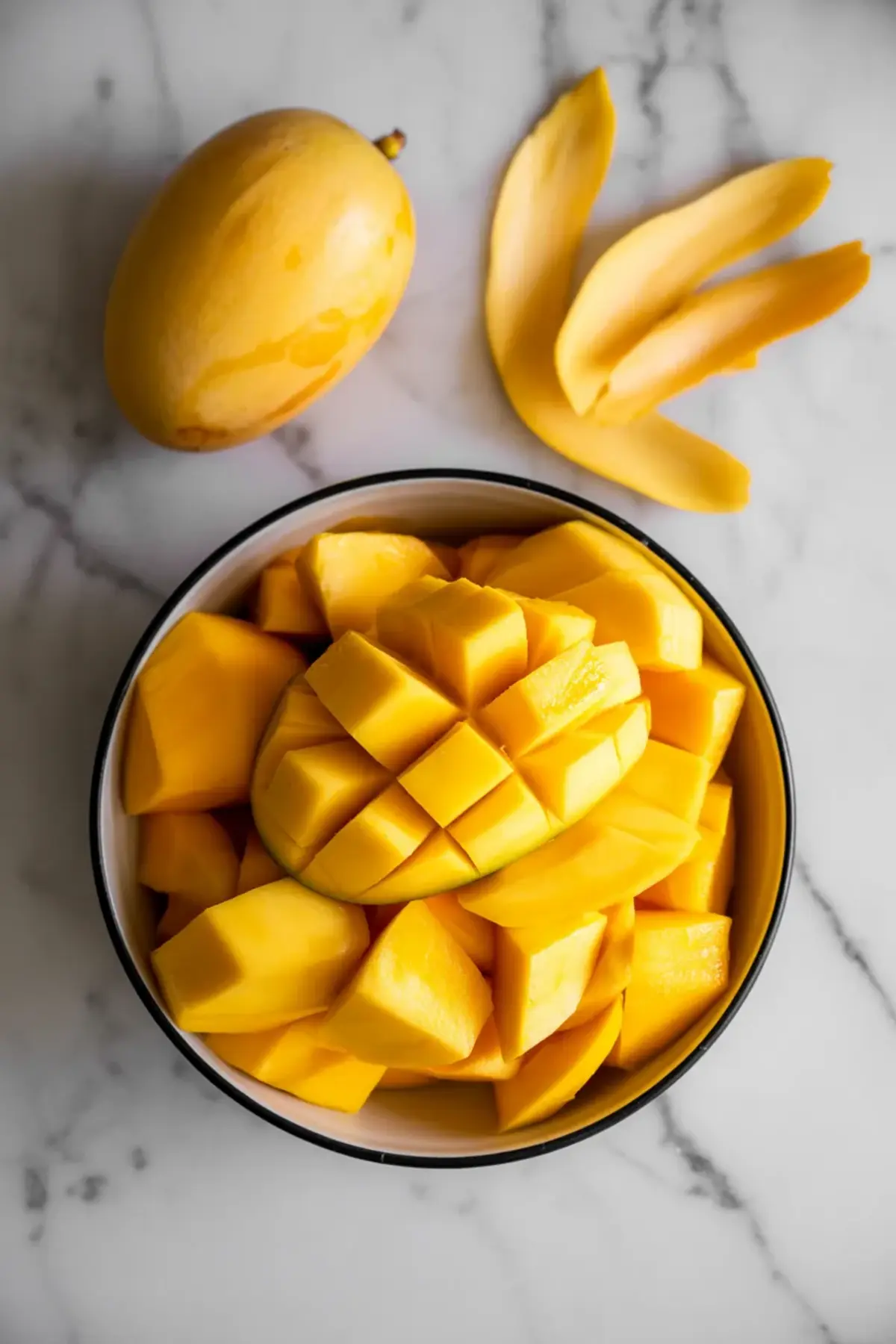 A whole yellow mango, peeled mango slices, and a bowl filled with diced and scored mango cubes on a white marble background.