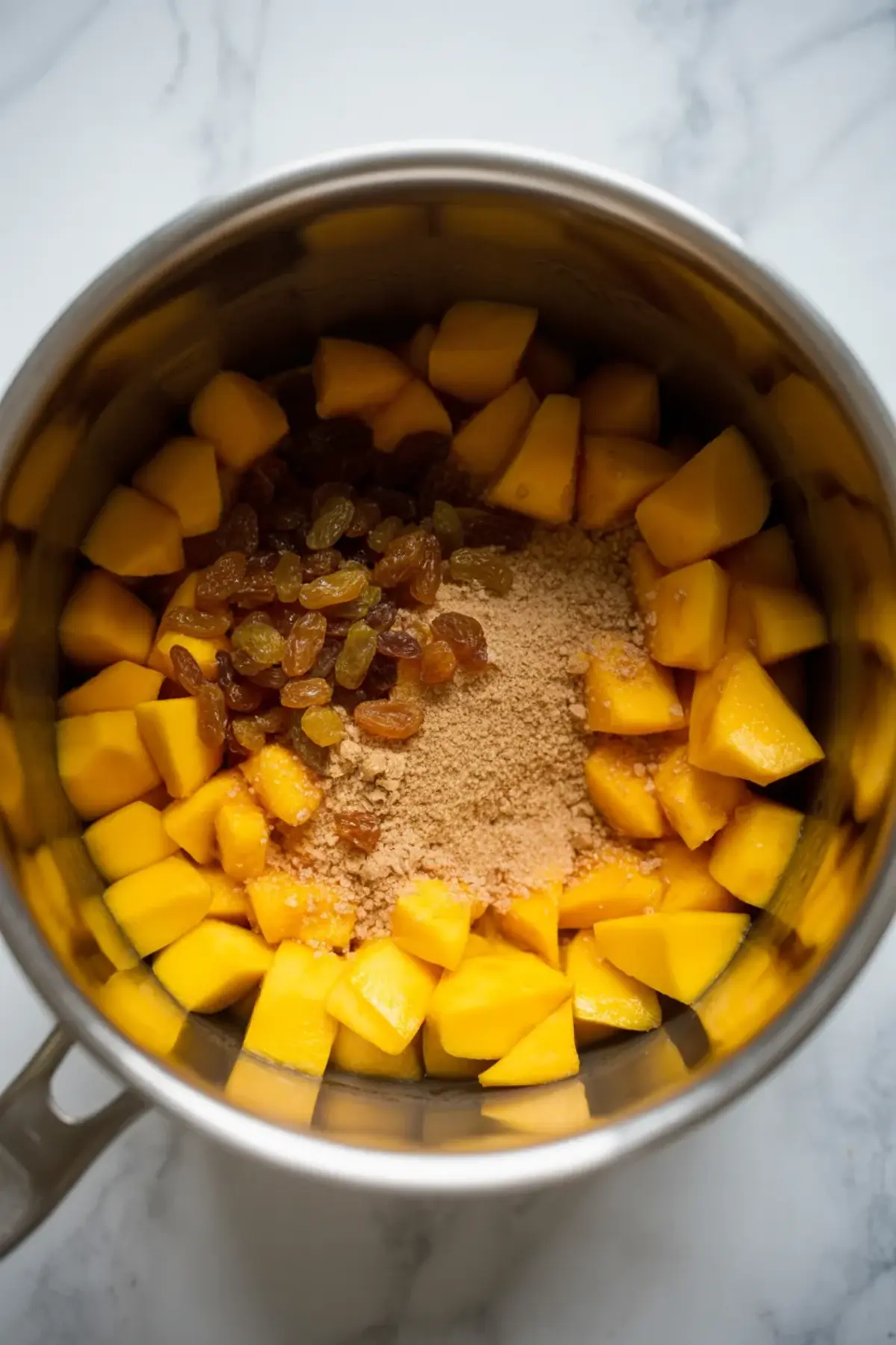 Chopped fresh mangoes, golden raisins, and brown sugar in a stainless steel pot on a marble surface, ready to cook for homemade mango chutney.