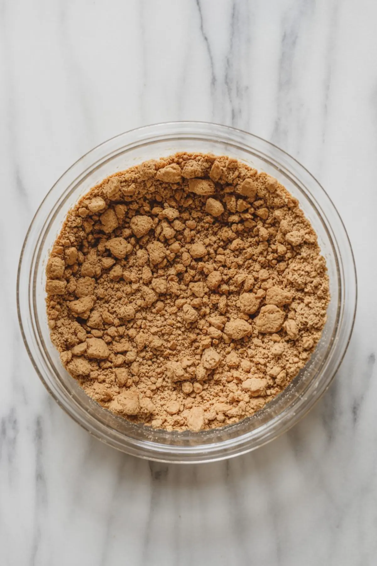 Glass bowl containing crushed graham cracker crumbs on a white marble surface, showing coarse, golden-brown texture used for dessert layering.
