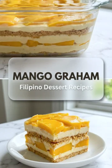 Top and bottom views of a Filipino mango graham dessert with layers of sweet cream, crushed graham crackers, and sliced mangoes in a glass dish and on a white plate.
