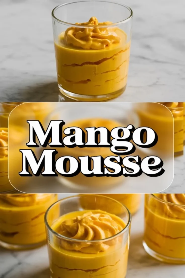 Two-part collage featuring mango mousse served in clear glasses. The top shows a single glass of swirled mango mousse on a marble surface. The bottom displays multiple servings with a bold “Mango Mousse” text overlay in black and white, highlighting the vibrant yellow-orange dessert.