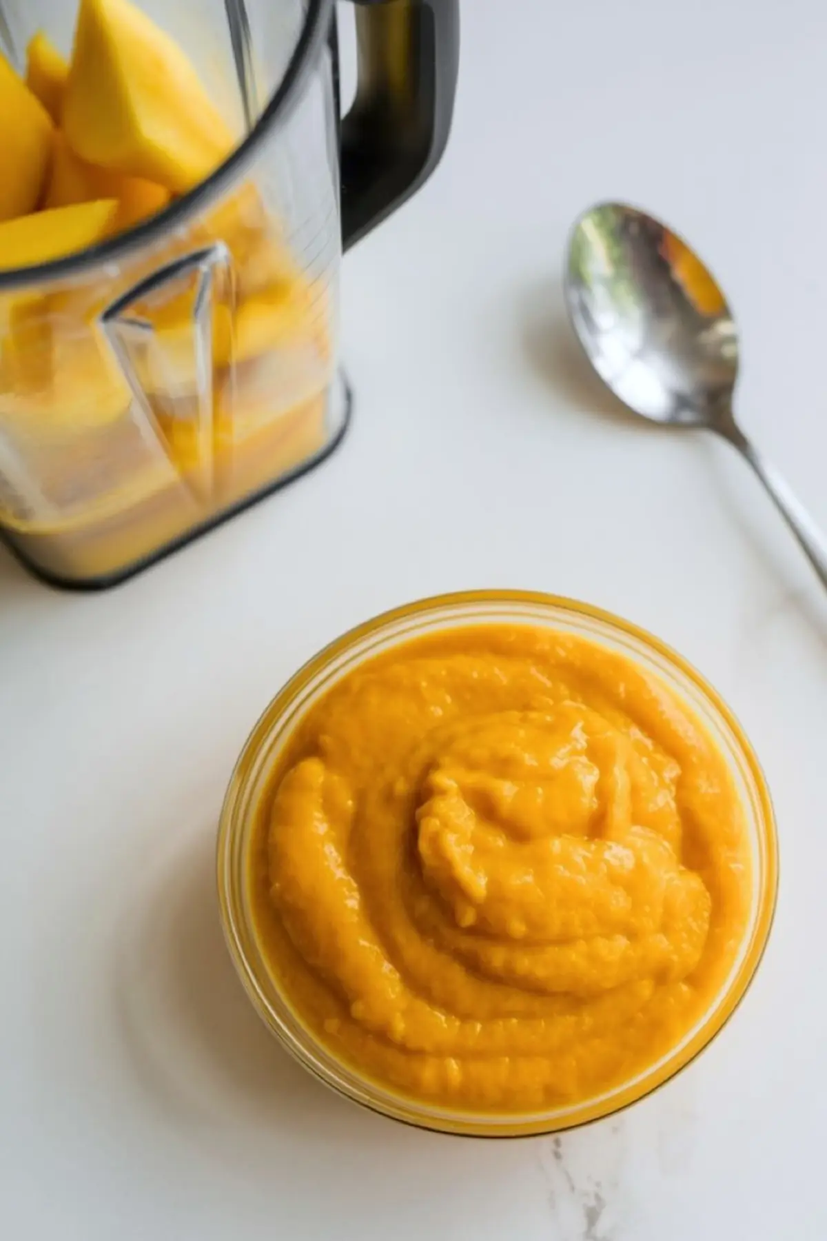 Smooth mango purée in a small bowl next to a blender filled with fresh mango chunks and a spoon, set on a white surface ready for mousse preparation.
