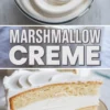 Fluffy marshmallow creme swirled in a glass bowl, text reading “Marshmallow Creme,” and a layered vanilla cake filled and topped with glossy marshmallow frosting.