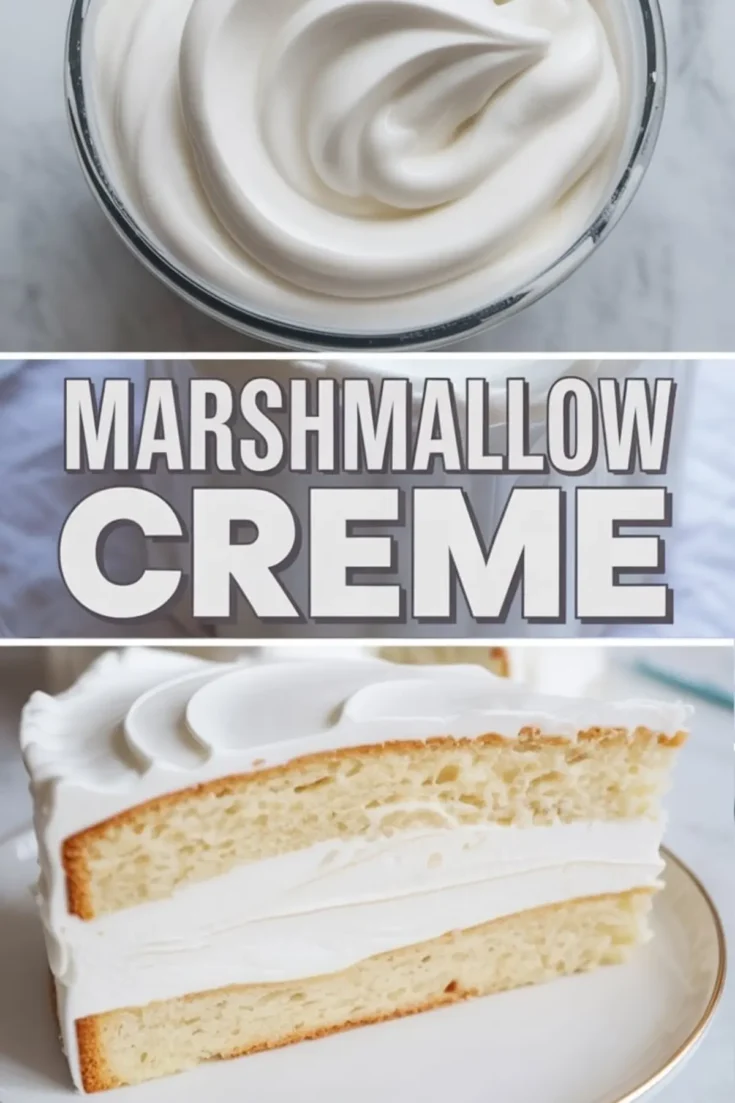 Fluffy marshmallow creme swirled in a glass bowl, text reading “Marshmallow Creme,” and a layered vanilla cake filled and topped with glossy marshmallow frosting.