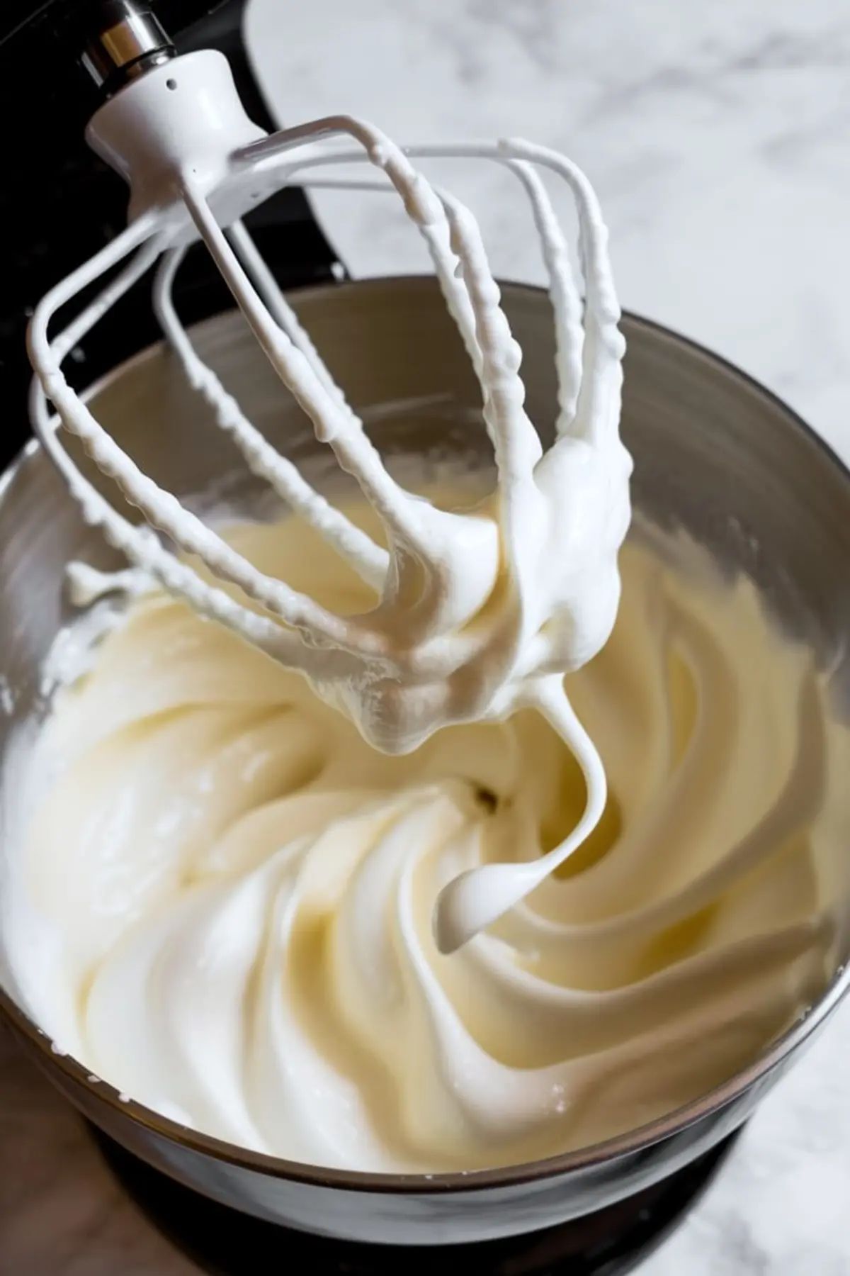 Stand mixer bowl filled with freshly whipped marshmallow creme, with soft peaks clinging to the whisk attachment.
