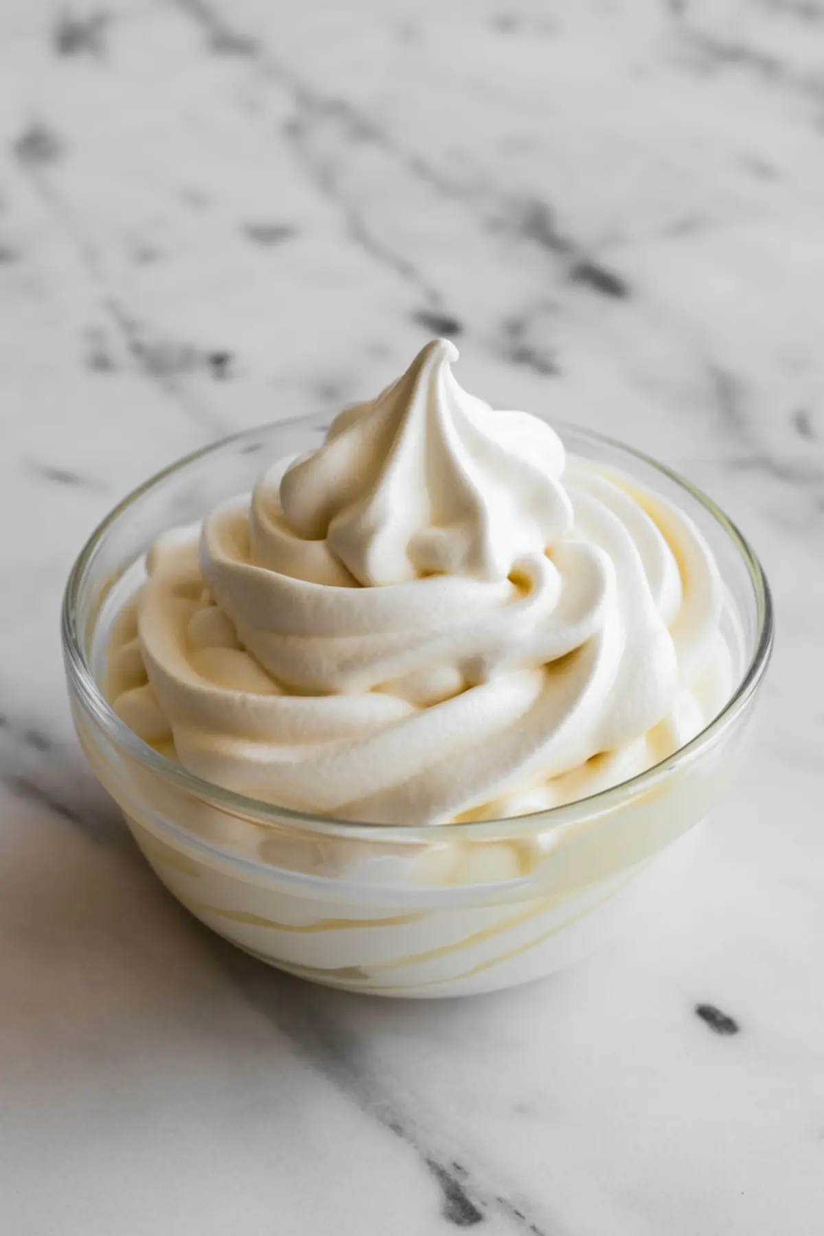 Glass bowl of stiff marshmallow frosting swirled into a tall peak on a marble countertop.

