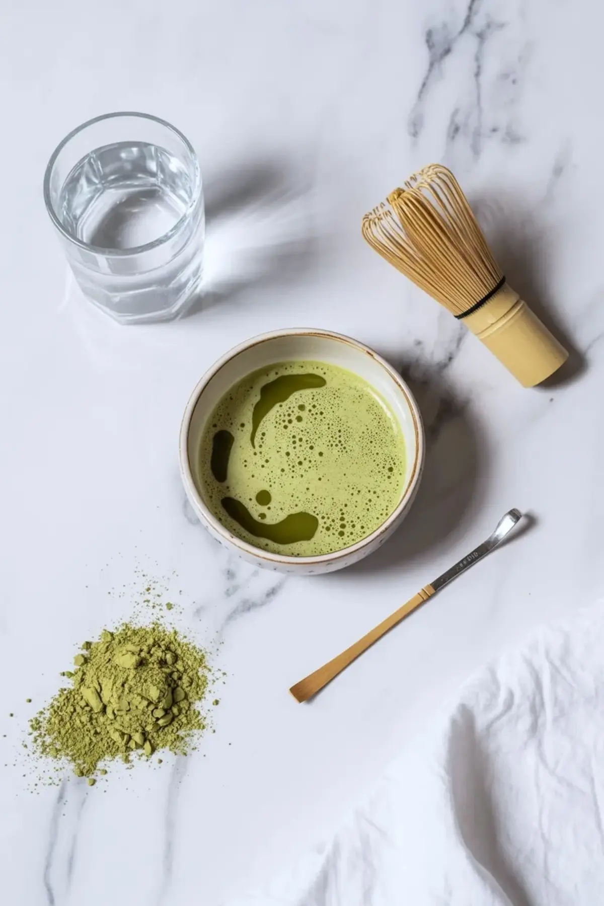 Flat lay of matcha tea preparation with a bowl of whisked matcha, a bamboo whisk, matcha powder, a glass of water, and a bamboo scoop arranged on a white marble surface.