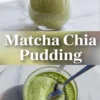 Glass jar of green matcha chia pudding on a white marble plate with a spoonful lifted, showing a smooth and creamy texture with evenly suspended chia seeds.