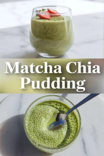 Glass jar of green matcha chia pudding on a white marble plate with a spoonful lifted, showing a smooth and creamy texture with evenly suspended chia seeds.