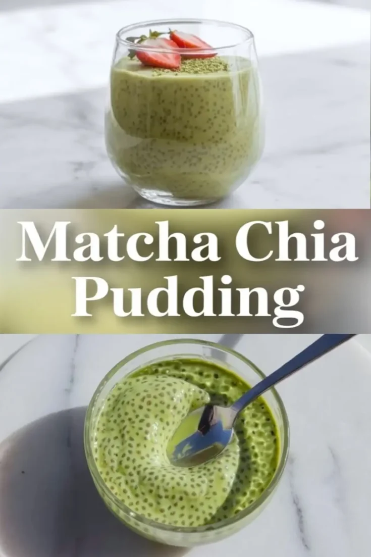 Glass jar of green matcha chia pudding on a white marble plate with a spoonful lifted, showing a smooth and creamy texture with evenly suspended chia seeds.