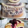 Vertical collage displays a frosted mulberry cake with berry swirl topping, Mulberry Cake title overlay, and a plated cake slice with visible purple berry layers.