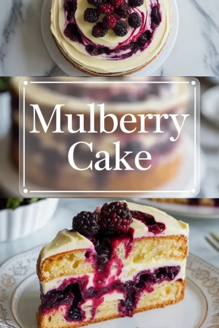 Vertical collage displays a frosted mulberry cake with berry swirl topping, Mulberry Cake title overlay, and a plated cake slice with visible purple berry layers.