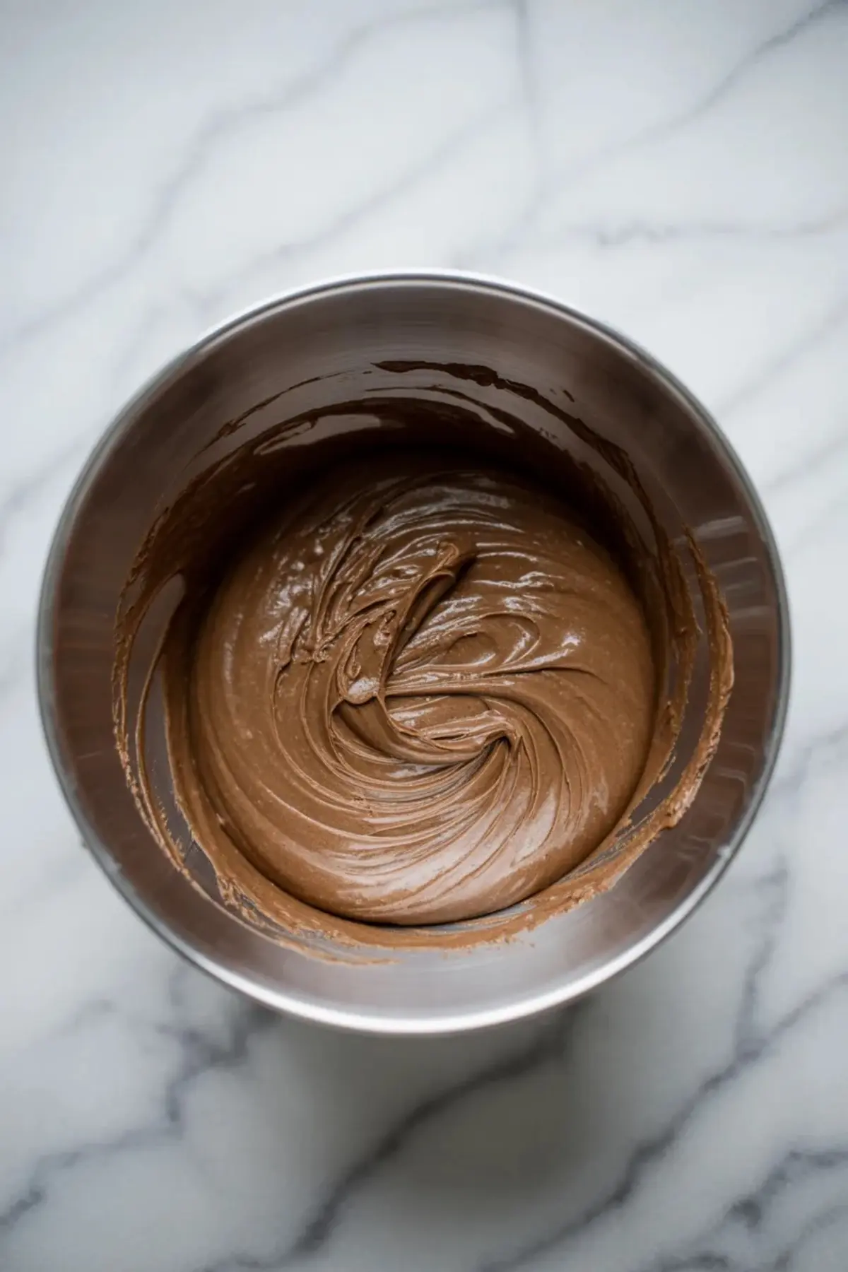 Metal mixing bowl with smooth Nutella cake filling swirled in a thick, creamy texture.