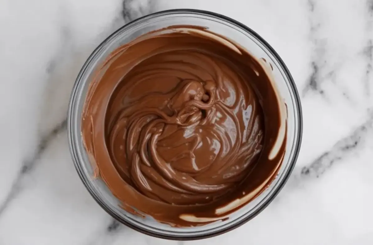 Glass bowl filled with glossy Nutella frosting swirled into rich, smooth peaks.