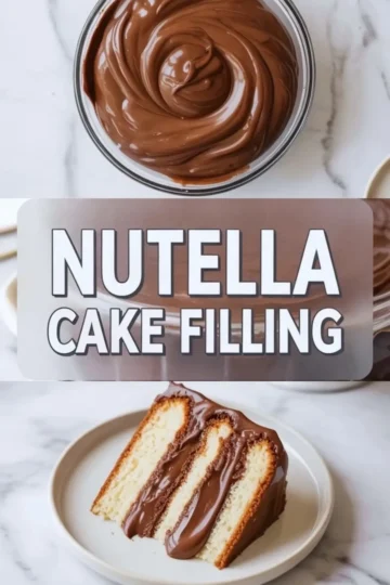Collage showing swirled Nutella filling in a glass bowl, centered label reading “Nutella Cake Filling,” and a bottom view of a triple-layered vanilla cake slice filled with Nutella spread.