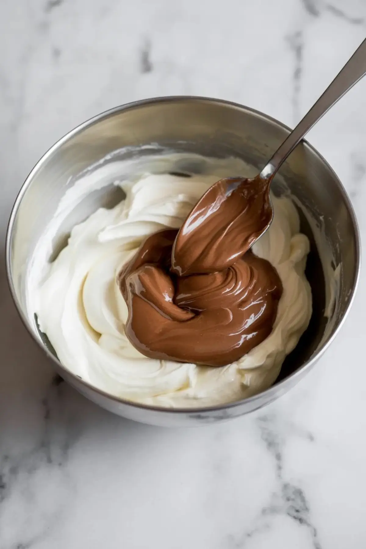 Nutella being spooned over whipped cream in a metal mixing bowl, showing the initial step of combining ingredients for a creamy dessert filling.