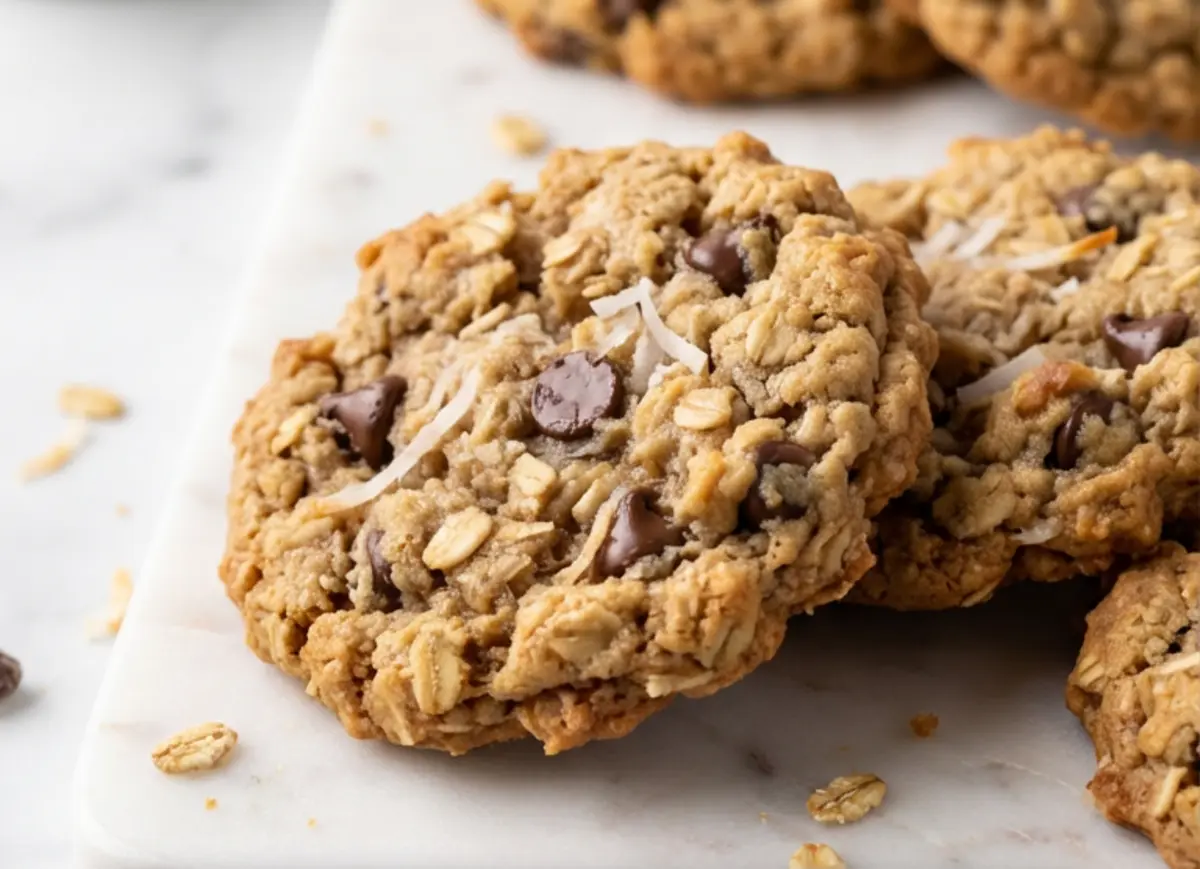Stack of baked oatmeal coconut chocolate chip cookies with visible oats and melted chocolate chips on a white surface.
