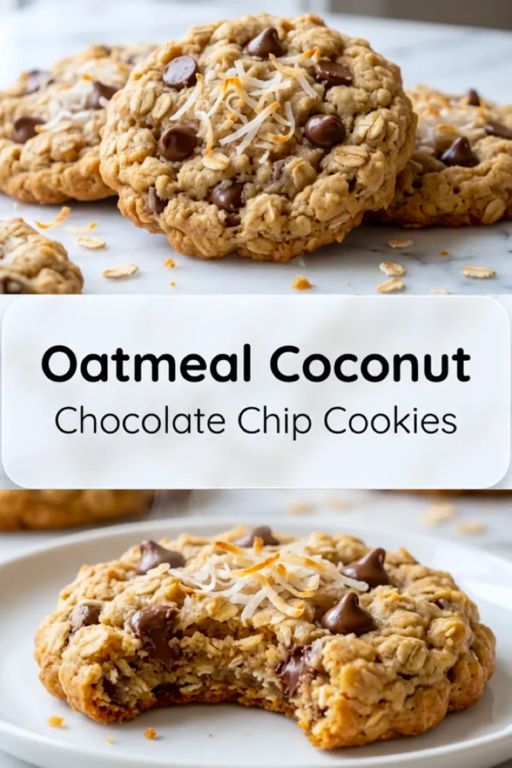 Top and bottom collage featuring oatmeal coconut chocolate chip cookies, with the top image showing whole cookies topped with shredded coconut and the bottom image showing a bitten cookie on a white plate. Text overlay reads “Oatmeal Coconut Chocolate Chip Cookies.”