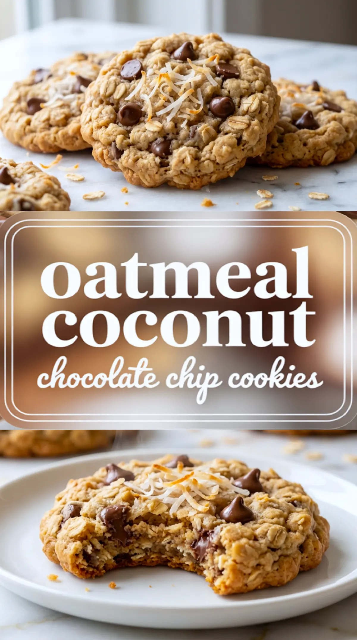 Vertical collage displaying oatmeal coconut chocolate chip cookies, with the top half showing baked cookies on a marble surface and the bottom half showcasing a bitten cookie on a plate. Decorative text overlay in a retro frame reads “oatmeal coconut chocolate chip cookies.”
