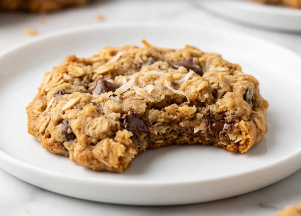 Close-up of a thick oatmeal coconut chocolate chip cookie with a bite taken out, resting on a white plate and topped with shredded coconut and gooey chocolate chips.
